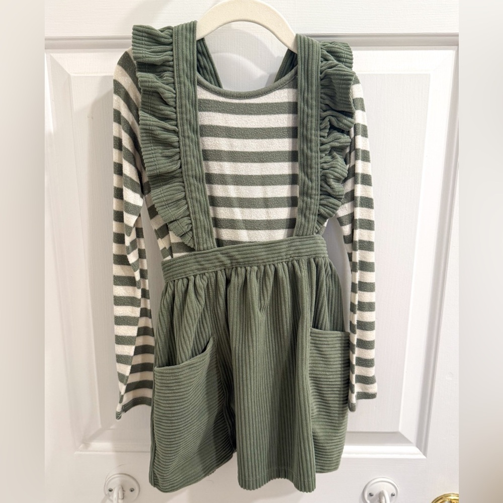 5/6 Green Jumper Dress with Striped Shirt
